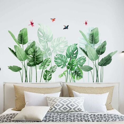 Qiilu Sticker mural plante verte Autocollant Mural de Plante Verte en Pot  Sticker Mural Amovible pour Décor de Fond Salon Chambre