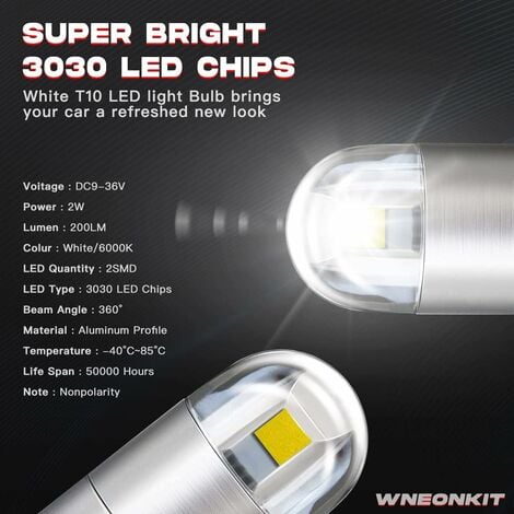 194 921 T10 W5W Ampoule LED Blanc, 3030 Chipset 2SMD Ampoules LED 2W 12V  Éclairage intérieur