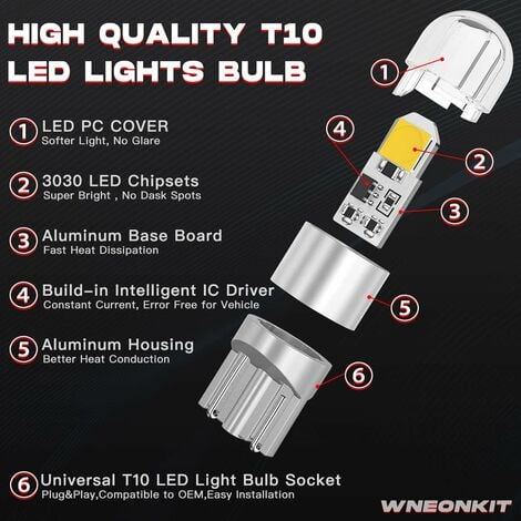 194 921 T10 W5W Ampoule LED Blanc, 3030 Chipset 2SMD Ampoules LED 2W 12V  Éclairage intérieur