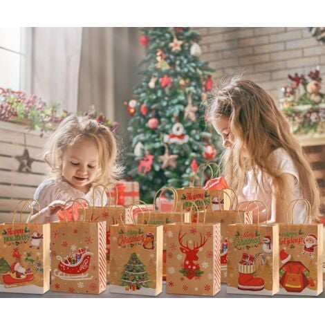 Dww-sacs Cadeaux De Nol,12 Pice Sac Cadeau Noel En Papier Kraft Pochette  Cadeau Noel Reutilisable Sac Papier Cadeau Noel Avec Poigne Pochettes De  Nol