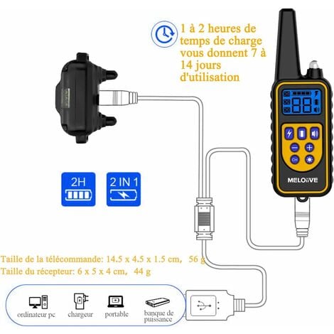 Le collier de dressage Meloive pour deux chiens est rechargeable et étanche IP67 jusqu'à 800 m de distance avec 99 modes vibration, choc, son.