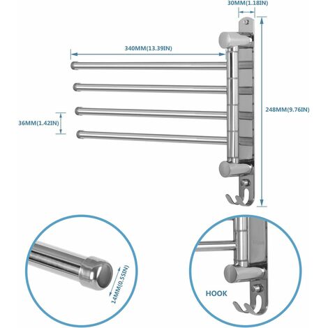 Porte-Serviettes Murale 3 Bras Rotatifs 180° - Acier Inoxydable SUS304 - Extensible 28 à 50 Cm - Support 10.5 Kg - Pour Salle De Bain - 3