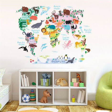 Carte du monde des animaux (grande) Stickers muraux pour enfants  Autocollants Peel and Stick Amovibles pour