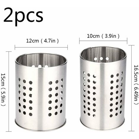Organiseur De Couverts En Acier Inoxydable – Pot à Ustensiles De Cuisine Avec Trous De Drainage, Pour Tiroir Ou Comptoir (10 X 12,5 Cm) - 3