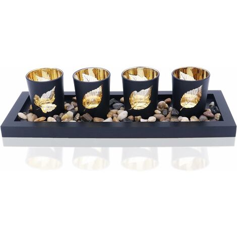 Ensemble Bougeoirs Verre & Plateau Bois 4 Pièces - Déco Table Avec Pierres Naturelles | Ambiance Romantique, Cadeau