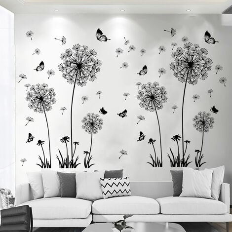 2 noir, 6090cm stickers muraux pissenlit décoration murale, grand pissenlit  fleur végétal autocollant pour salon chambre