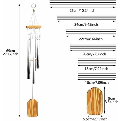 Carillons de Vent, 70 cm Carillons Éoliens en Bois avec 6 Tubes Creux  Aluminium Carillons Décoratifs