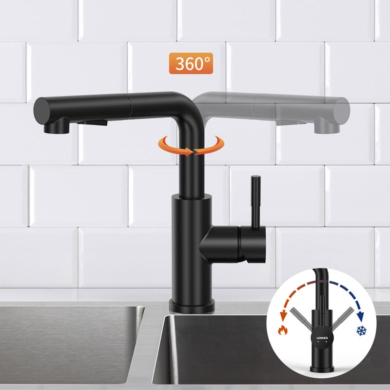 Lonheo Grifo de cocina fregadero cocina giratorio a 360° Mezclador monomando  con Ducha Extraíble hasta 40cm, Negro