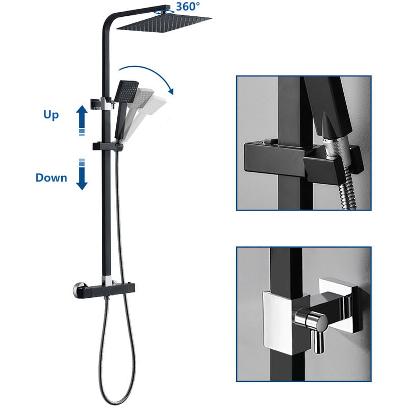 Auralum Columna de ducha Termostática 38ºC Negro Cuadrado Conjunto de Ducha  con 10 pulgadas Ducha Lluvia+Ducha de Mano con boquillas anticalcáreas,  Barra Ajustable 745-1295mm