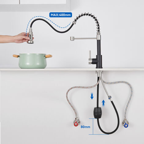 Auralum Grifo Cocina Extraíble de Acero inoxidable, Giratorio de 360° Monomando de Fregadero grifo con 2 Modos 2 Boquillas y Manguera para Agua Fría y Caliente, Negro