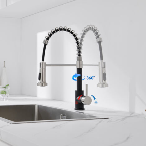 Auralum Grifo Cocina Extraíble de Acero inoxidable, Giratorio de 360° Monomando de Fregadero grifo con 2 Modos 2 Boquillas y Manguera para Agua Fría y Caliente, Negro