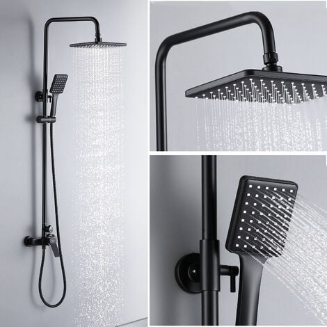 Negro Columna de ducha con ducha Monomando, Conjunto de ducha Cuadrado con Ducha de lluvia y Ducha de Mano, Altura ajustable tras la instalación 90-124cm