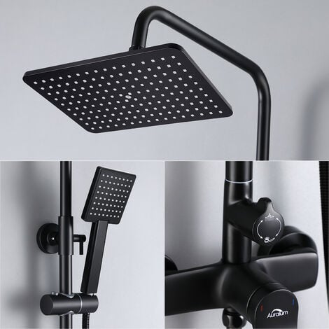 Negro Columna de ducha con ducha Monomando, Conjunto de ducha Cuadrado con Ducha de lluvia y Ducha de Mano, Altura ajustable tras la instalación 90-124cm