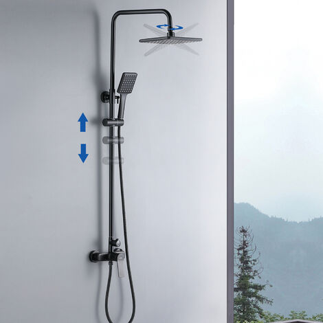 Negro Columna de ducha con ducha Monomando, Conjunto de ducha Cuadrado con Ducha de lluvia y Ducha de Mano, Altura ajustable tras la instalación 90-124cm