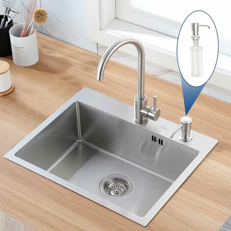 Fregadero Cocina Un Seno 55 x 45cm, Fregaderos en Acero Inoxidable con Dispensador de Jabón, Juego de Desagüe y Sifón, Fregadero Sobre Encimera o Empotrado