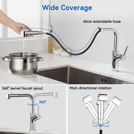 Extraíble Grifo de Cocina con 2 Modos de Rociador, Lonheo Grifo Cocina Extraíble Giratorio 360° Grifo de Fregaderocon con aireador desmontable, Agua caliente y fría regulables, Cromo