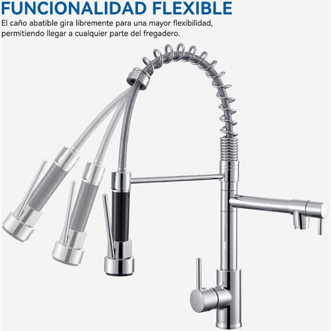 Auralum Grifo de cocina con muelle, giratorio 360° Grifo de Fregadero con manguera extensible, Monomando Grifería de Mezclador con 2 Caño (Flujo+Pulverzación), Cromo