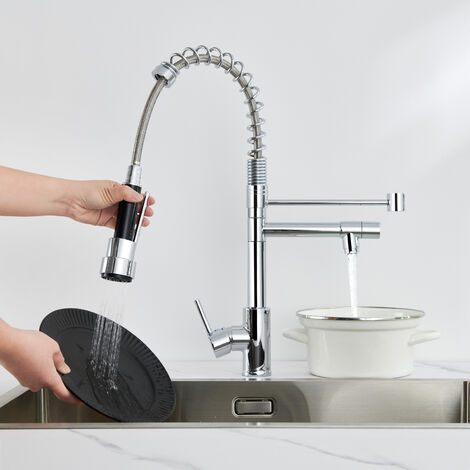 Auralum Grifo de cocina con 2 caños, 3 Modos de Grifo de cocina extraíble y Fijo, Giratorio 360° Grifo de Fregadero para Agua Fria y Caliente Ajustable