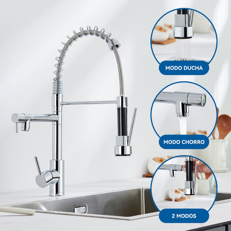 Auralum Grifo de cocina con 2 caños, 3 Modos de Grifo de cocina extraíble y Fijo, Giratorio 360° Grifo de Fregadero para Agua Fria y Caliente Ajustable