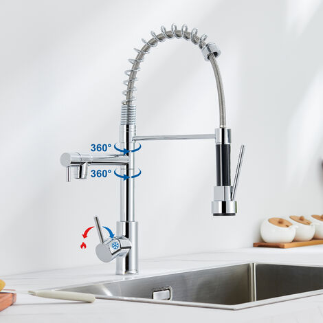 Auralum Grifo de cocina con 2 caños, 3 Modos de Grifo de cocina extraíble y Fijo, Giratorio 360° Grifo de Fregadero para Agua Fria y Caliente Ajustable