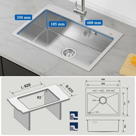 Auralum Fregadero De Cocina De Una Cubeta X Cm Fregadero De Acero Inoxidable Cepillado