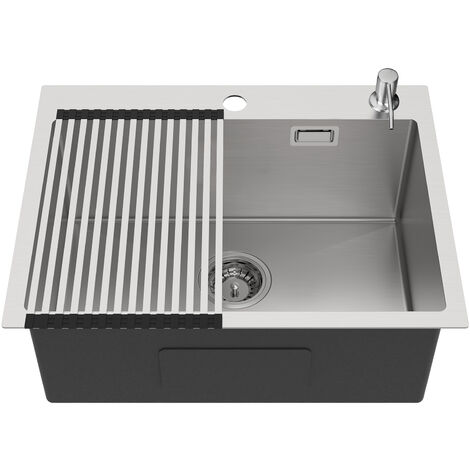 Fregadero de Cocina un Seno 58x45cm con escurridor y dispensador de jabón, Fregadero de Acero Inoxidable Cepillado, Fregadero Cuadrado con desagüe y Sifón, Sobre Encimera o Encastrado