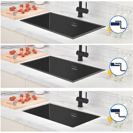 Fregadero de Cocina de Acero Inoxidable 70x44cm, Fregadero Cuadrado de una cubeta con rebosadero y set Sifón, Fregadero Sobre Encimera o Encastrado, Gris oscuro