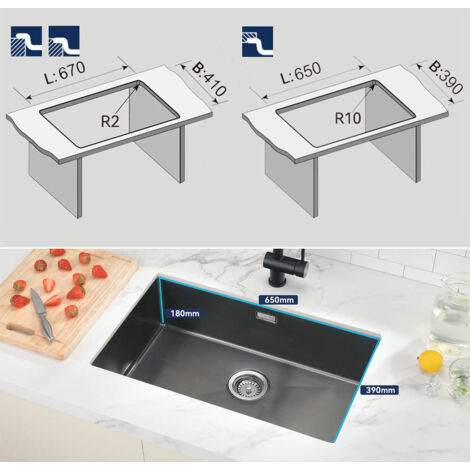 Fregadero de Cocina de Acero Inoxidable 70x44cm, Fregadero Cuadrado de una cubeta con rebosadero y set Sifón, Fregadero Sobre Encimera o Encastrado, Gris oscuro