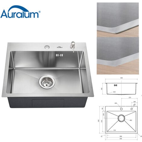 Aurlaum Fregadero Cocina de una cubeta 55x45cm, Fregadero de Acero Inoxidable con 300ml Dispensador de Jabón y Sifón set, Fregadero Sobre Encimera o Encastrado