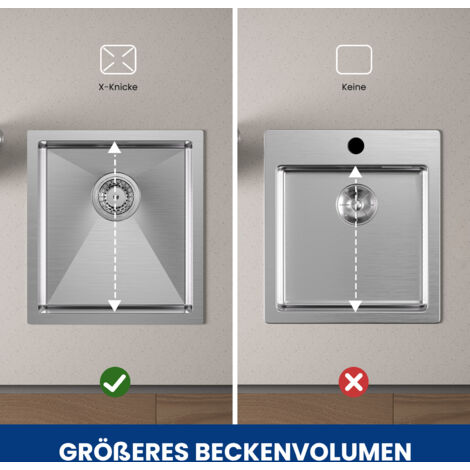 CECIPA fregadero de cocina fregadero empotrado 40 x 44 cm fregadero de acero inoxidable cepillado, cuadrado, se puede instalar en encimeras con una longitud de más de 50 cm, con 2 interfaces reservada