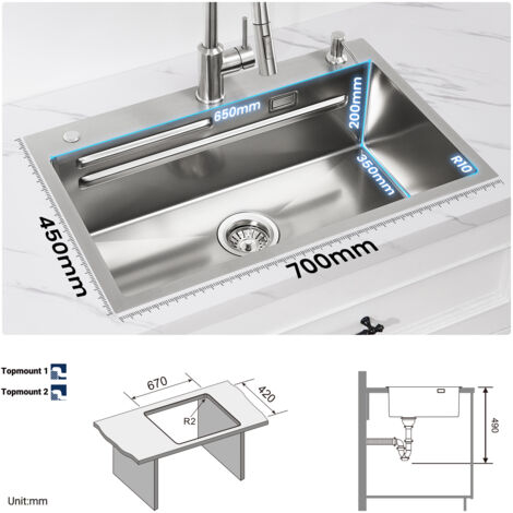 CECIPA Fregadero de cocina de acero inoxidable 70x45, fregadero sobremontable, fregadero de cocina en relieve con dosificador de jabón, escurridor, fregadero pequeño plateado