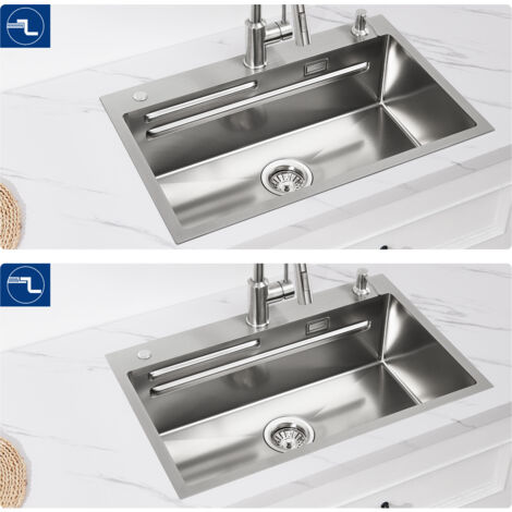CECIPA Fregadero de cocina de acero inoxidable 70x45, fregadero sobremontable, fregadero de cocina en relieve con dosificador de jabón, escurridor, fregadero pequeño plateado