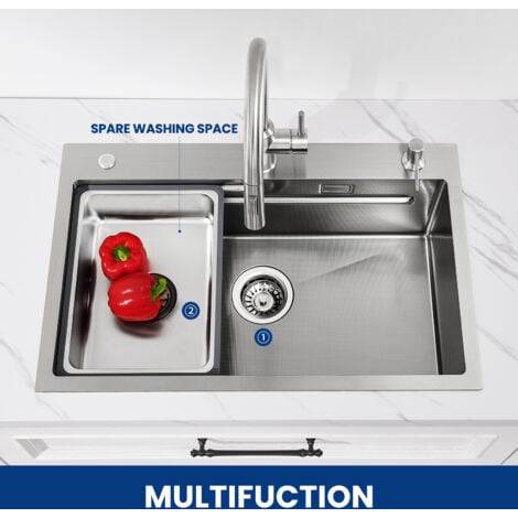 CECIPA Fregadero de cocina de acero inoxidable 70x45, fregadero sobremontable, fregadero de cocina en relieve con dosificador de jabón, escurridor, fregadero pequeño plateado