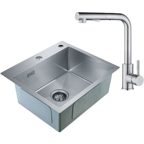 CECIPA 2 in 1 Fregadero de Cocina de Acero Inoxidable 50 x 45 x 18,5 cm + Grifo de Cocina Extraíble de Acero Inoxidable (Sin dosificador de jabón)