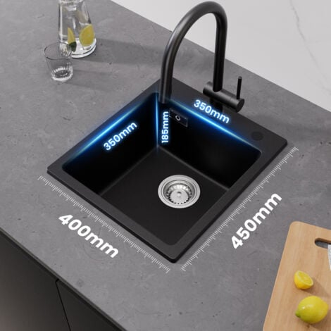 Cecipa Fregadero de cocina  de cuarzo negro, 40 x 45 cm, fregadero de cuarzo, fregadero de granito, 1 seno, fregadero encastrable, 80% arena de cuarzo (sin dispensador de jabón)