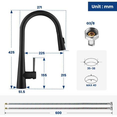 CECIPA Grifo de cocina de alta presión Grifo de cocina extraíble negro 3 modos de salida de agua Grifo de cocina de acero inoxidable, giratorio 360 grados, grifo mezclador
