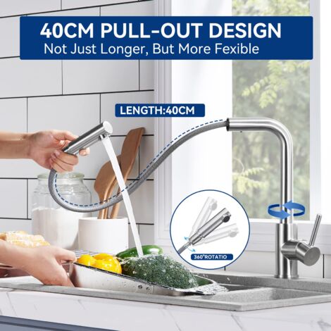 CECIPA Grifo de Cocina con Ducha Extraíble - Grifo Monomando Para Fregadero Grifo de Cocina Giratorio 360 - Acero Cepillado sin Manchas