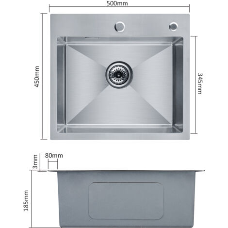 Cecipa Fregaderos de una cubeta 50 x 45 x 18,5 cm Fregadero de Cocina Cuadrado Acero Inoxidable, Sin Dispensador de Jabón