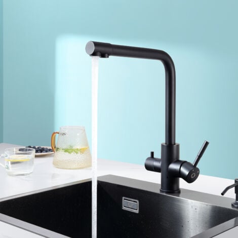Cecipa Grifo de cocina de 3 vías, 3 en 1 Grifo Mezclador de Cocina Para Sistema de ósmosis, Grifo de Agua Limpia con 2 Palancas de Control Separadas Negro