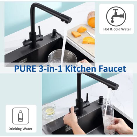 Cecipa Grifo de cocina de 3 vías, 3 en 1 Grifo Mezclador de Cocina Para Sistema de ósmosis, Grifo de Agua Limpia con 2 Palancas de Control Separadas Negro