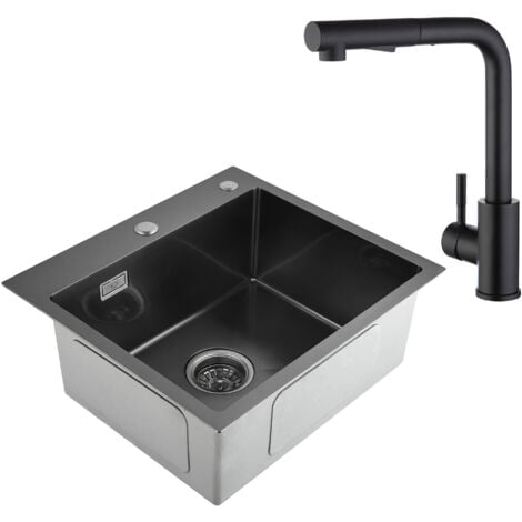 CECIPA 2 en 1 Fregadero de Cocina Negro 50 x 45 x 18,5 cm + Grifería de Cocina Extraíble de Acero Inoxidable Negro