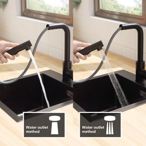 CECIPA 2 en 1 Fregadero de Cocina Negro 50 x 45 x 18,5 cm + Grifería de Cocina Extraíble de Acero Inoxidable Negro