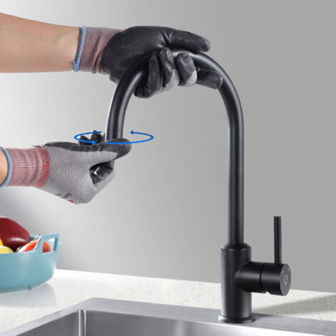 Cecipa Grifo de Cocina Negro de Acero Inoxidable 304, Rango de Giro de 360°, Alta Presión, Grifo Monomando Para Fregadero(Negro)