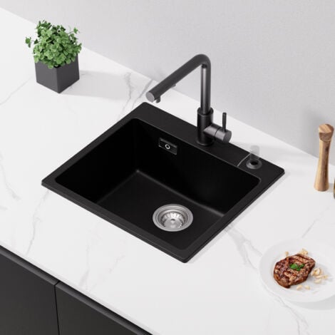 Cecipa Fregaderos de una Cubeta 50x45cm Fregadero Cuarzo de Cocina Negro Fregadero Fregadero de Granito Fregadero de 1 Cubeta de Encastre (Sin Dosificador de Jabón)