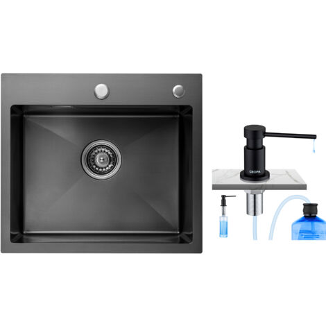 CECIPA Fregadero de Cocina 1 Cubeta Fregadero de Acero Inoxidable 1 Seno 50×45×18.5CM + Dispensador de Jabón Negro