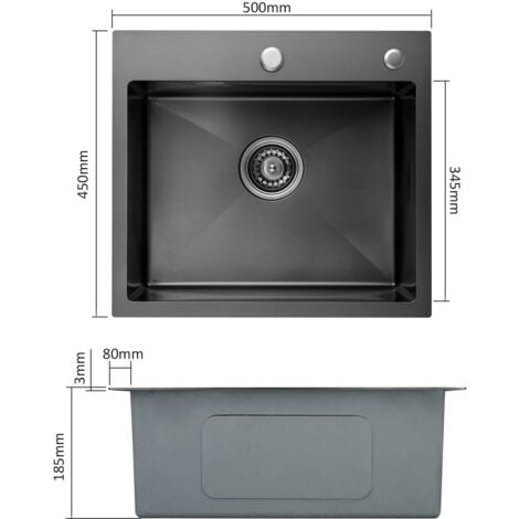 CECIPA Fregadero de Cocina 1 Cubeta Fregadero de Acero Inoxidable 1 Seno 50×45×18.5CM + Dispensador de Jabón Negro