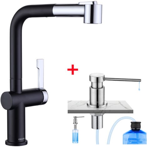 CECIPA Grifo de Cocina Extraíble, Grifo de Fregadero de Cocina con 2 Modos de Salida de Agua + Dispensador de Jabón de Cocina con Contenedor de 300 ML Cepillado