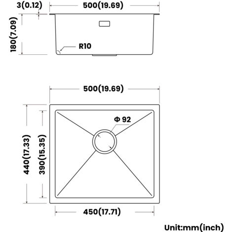 Cecipa Fregadero de Cocina Fregadero de Cocina de Acero Inoxidable de un Seno, Fregadero Bajo Encimera, 50×44CM, Negro Antracita