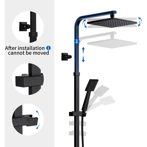 Auralum Conjunto de ducha con Mezclador Termostática Negro , Sistema de Columna de Ducha 9 pulgadas Ducha Lluvia+Ducha de Mano con boquillas anticalcáreas, Altura Ajustable 110-137cm