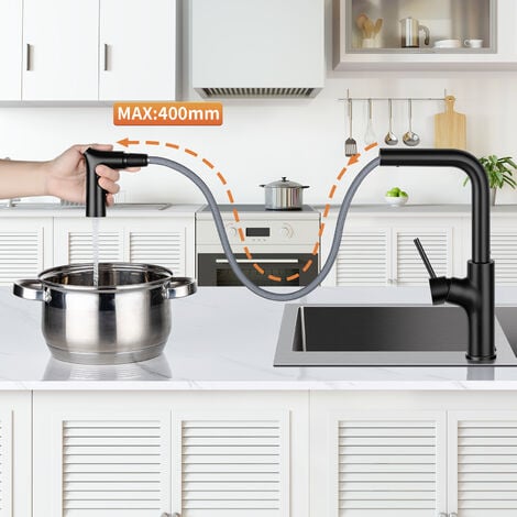 Lonheo Grifo de cocina fregadero cocina giratorio a 360° Mezclador monomando  con Ducha Extraíble hasta 40cm, Negro